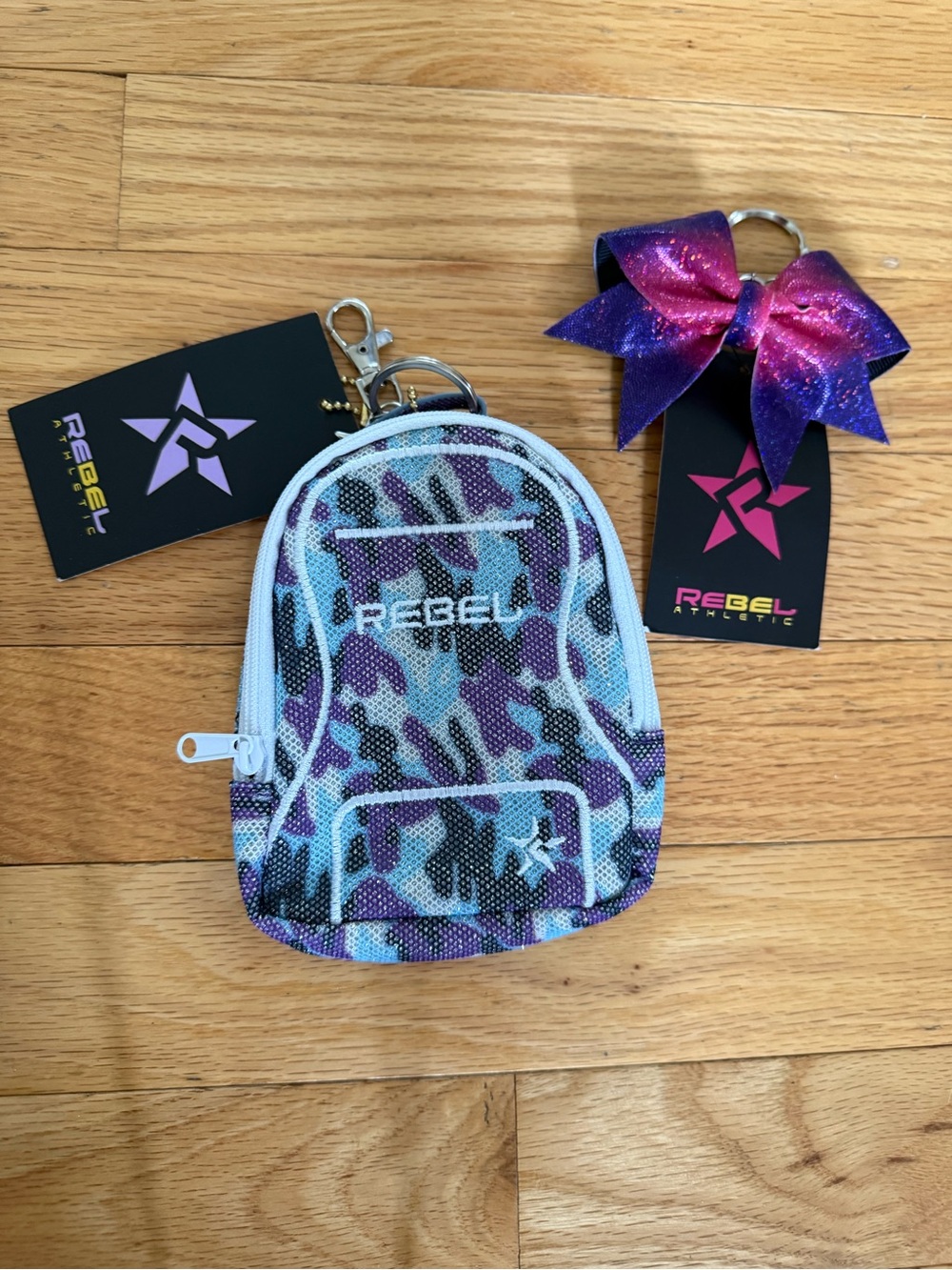 Rebel Athletics Mini Blue-Purple Camo Backpack Keychain & Mini Bow keychain set